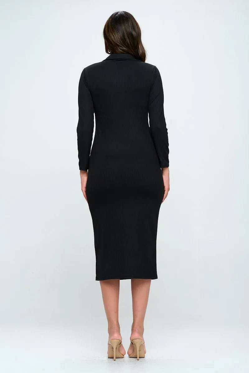 Elena Ribbed Long Sleeve Collared Midi dress