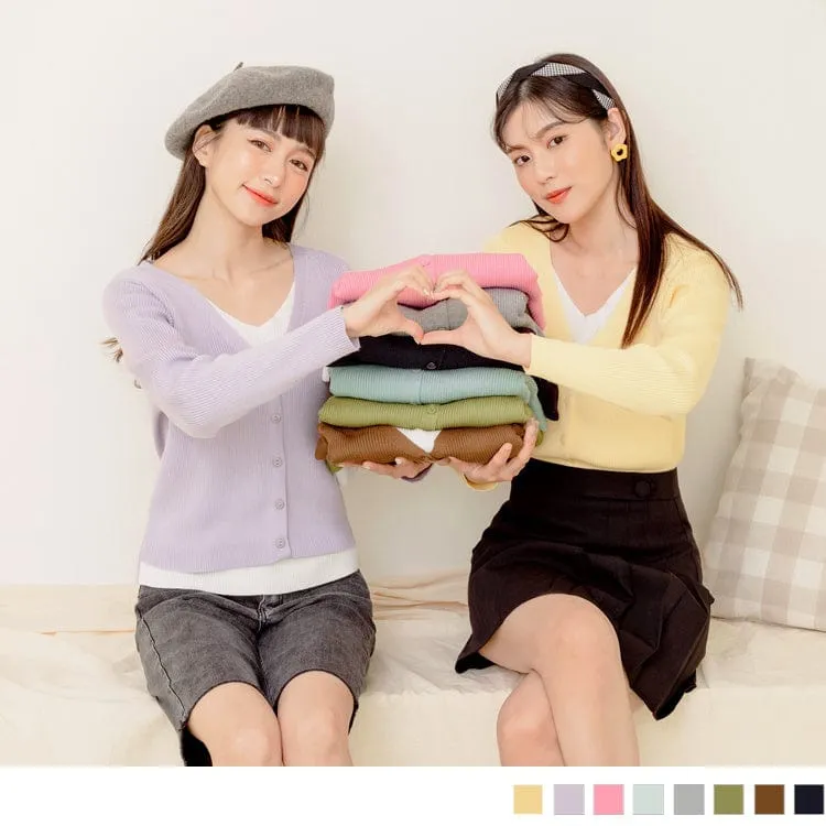 FAKE TWO PIECE V-NECK BUTTONS KNIT LONG SLEEVE TOPS