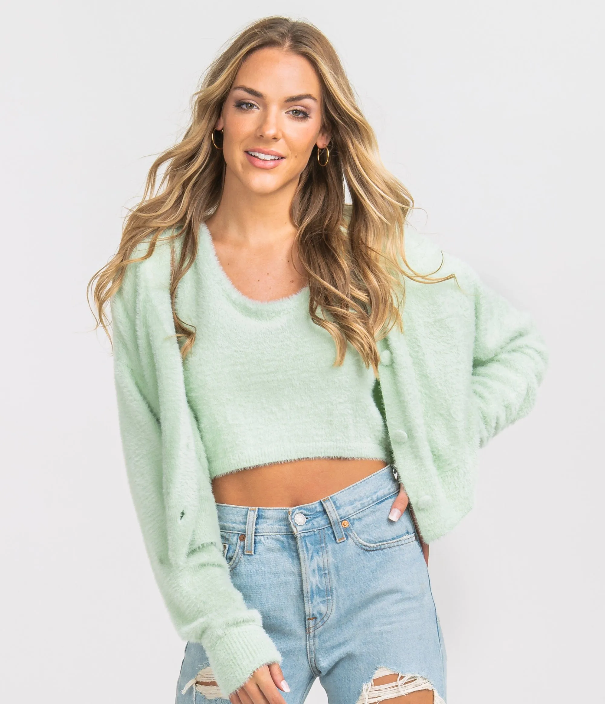 Feather Knit Cardi Cami Set - Mint Julep