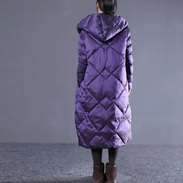 fine purple winter oversize hooded Parka Luxury pockets zippered cotton overcoat