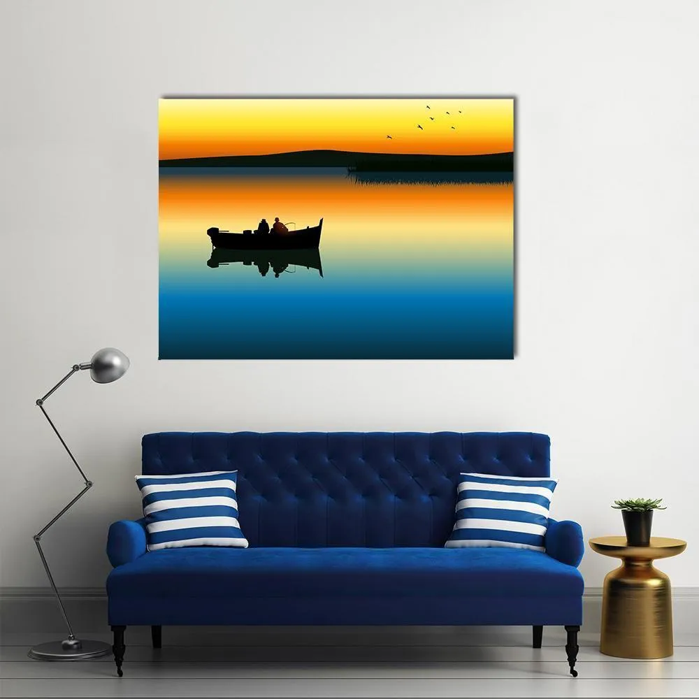 Fishing On Tranquil Lake Canvas Wall Art