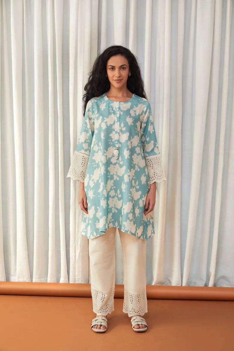 Flared Aqua Cutwork Linen Co-ord Set