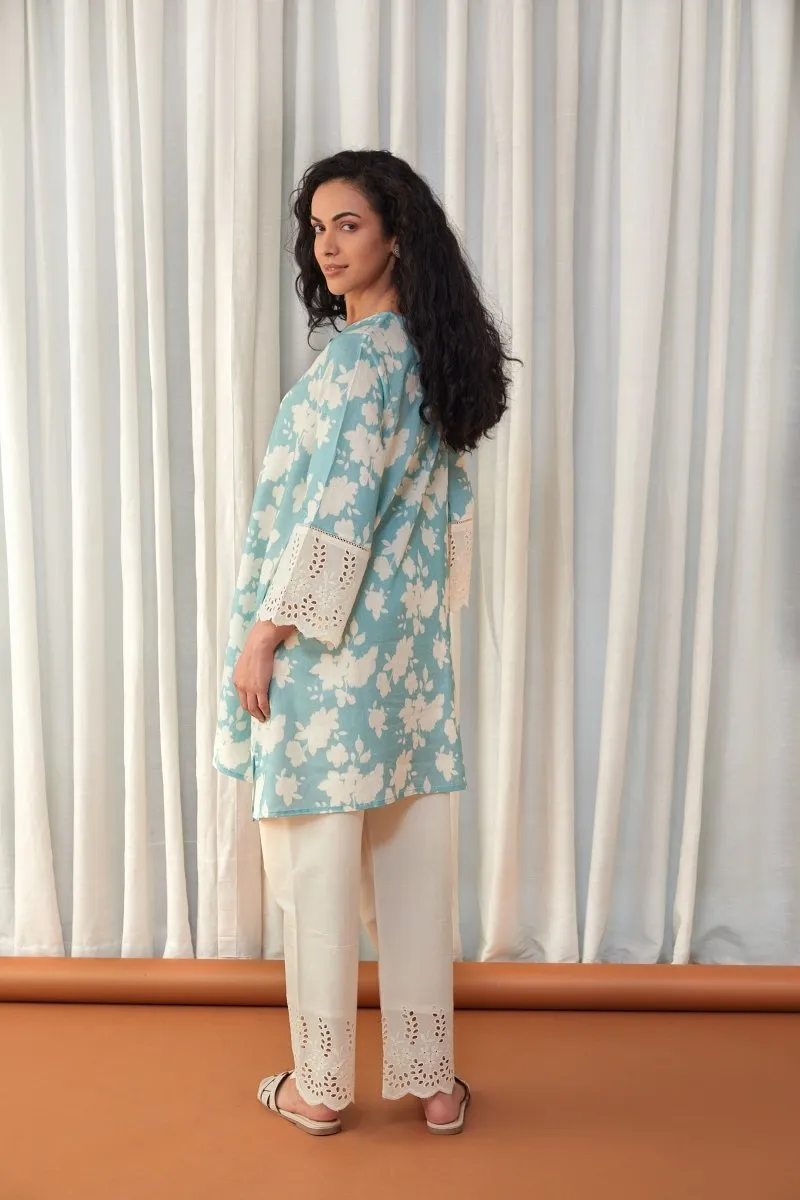 Flared Aqua Cutwork Linen Co-ord Set