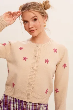 Floral Embroidered Sweater Weaved Crop Cardigan