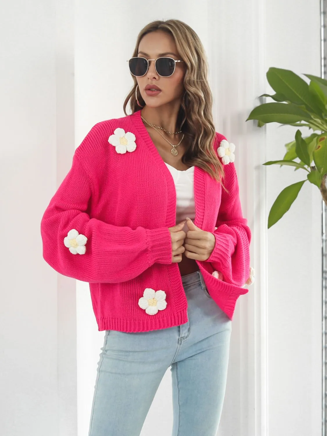 Floral Open Front Long Sleeve Cardigan New Women's Fashion Sweater