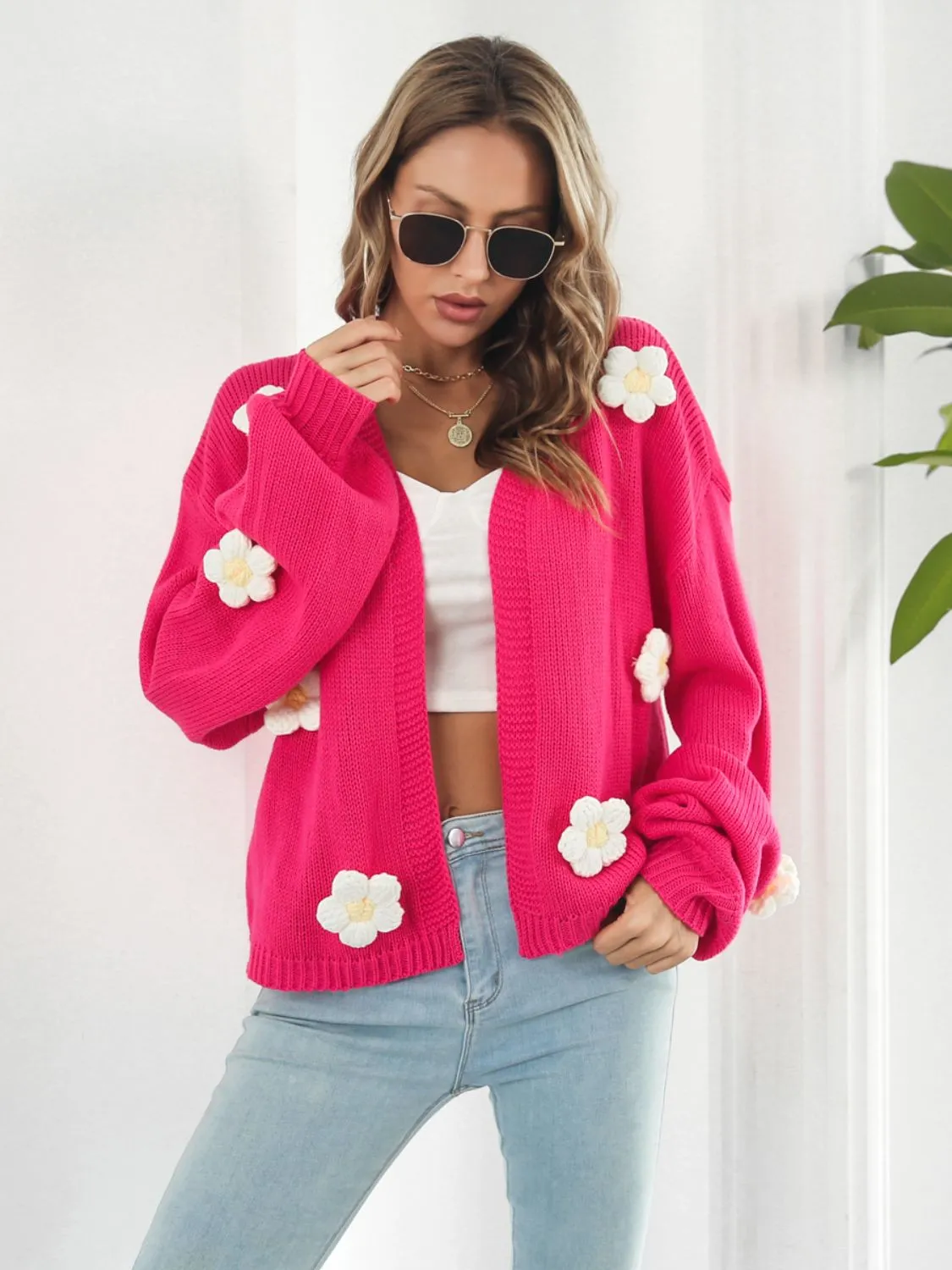 Floral Open Front Long Sleeve Cardigan New Women's Fashion Sweater