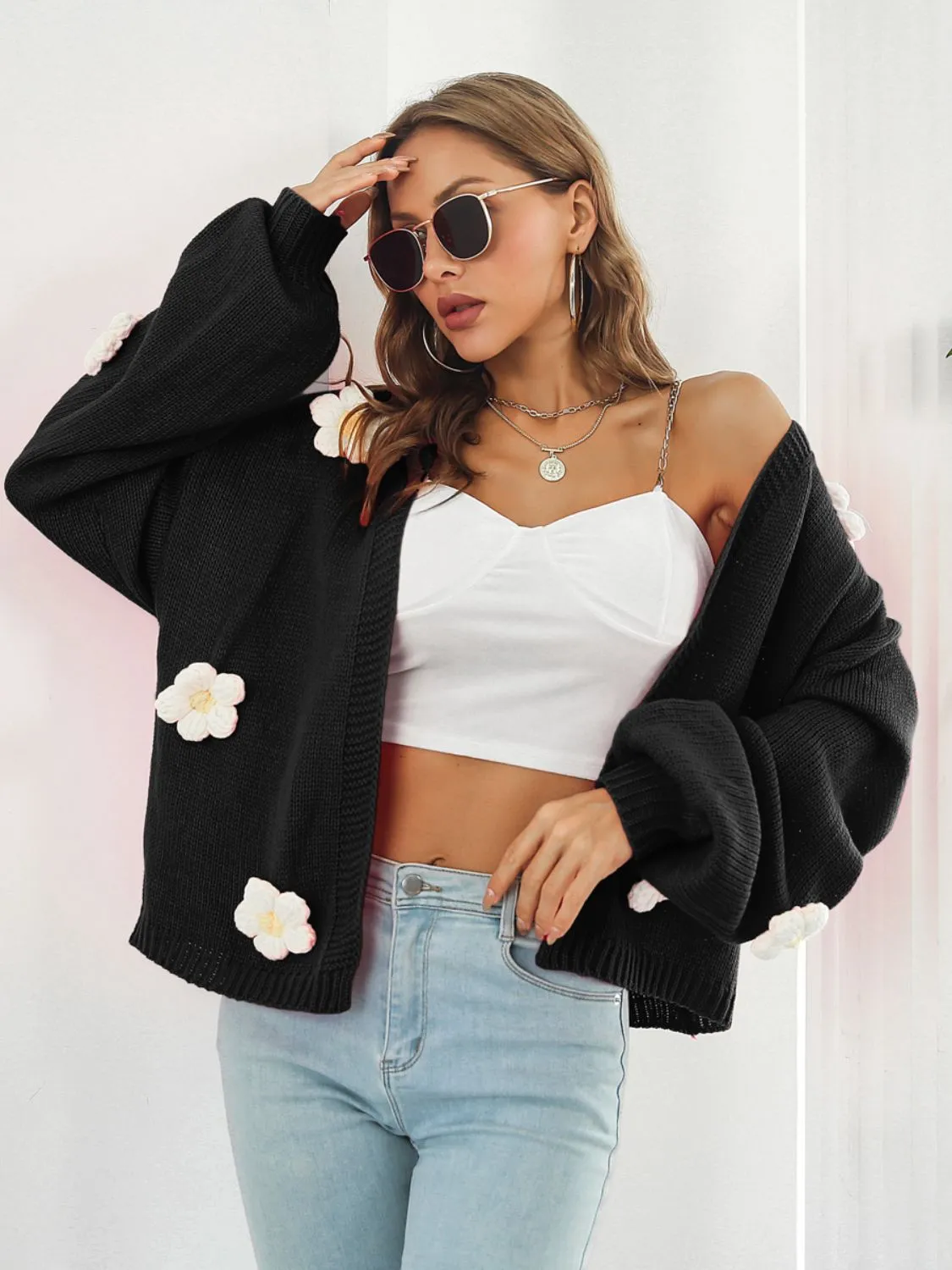 Floral Open Front Long Sleeve Cardigan New Women's Fashion Sweater