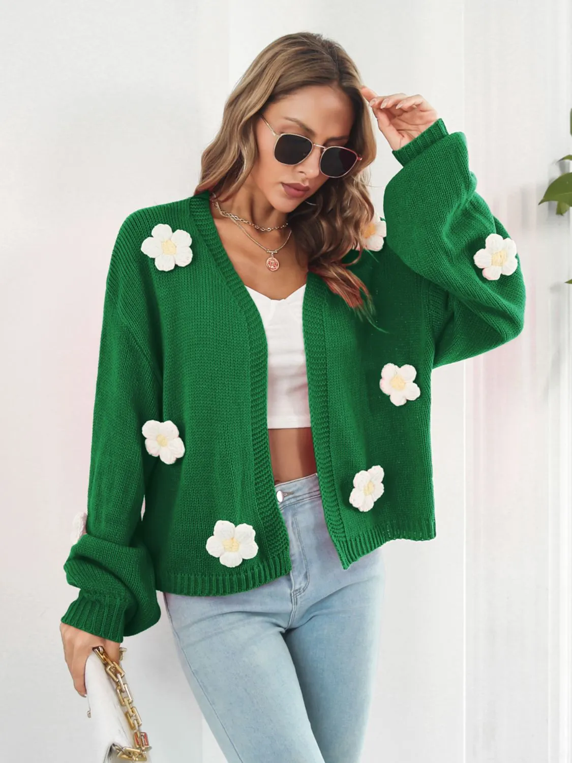 Floral Open Front Long Sleeve Cardigan New Women's Fashion Sweater