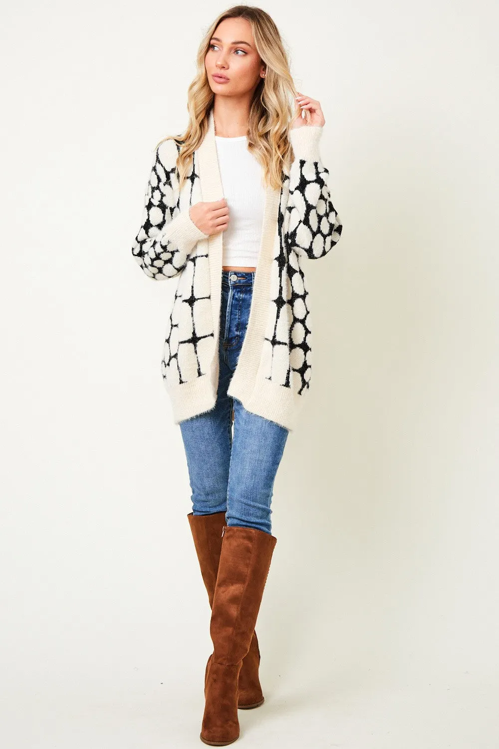 Fluffy Yarn Long Sleeve Open Front Knit Cardigan