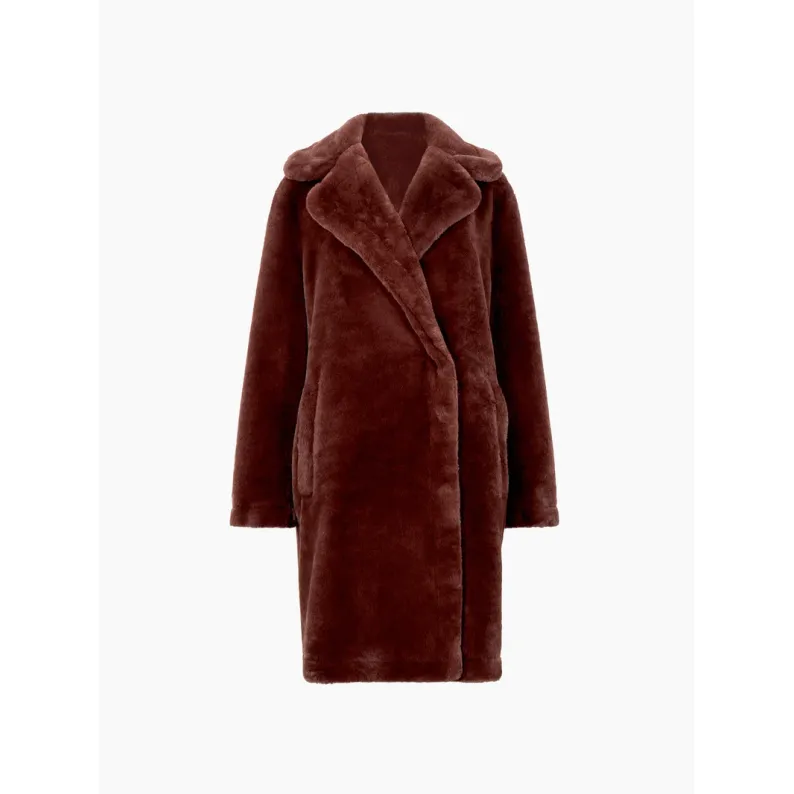 French Connection Buona Faux Fur Long Coat - Bitter Chocolate