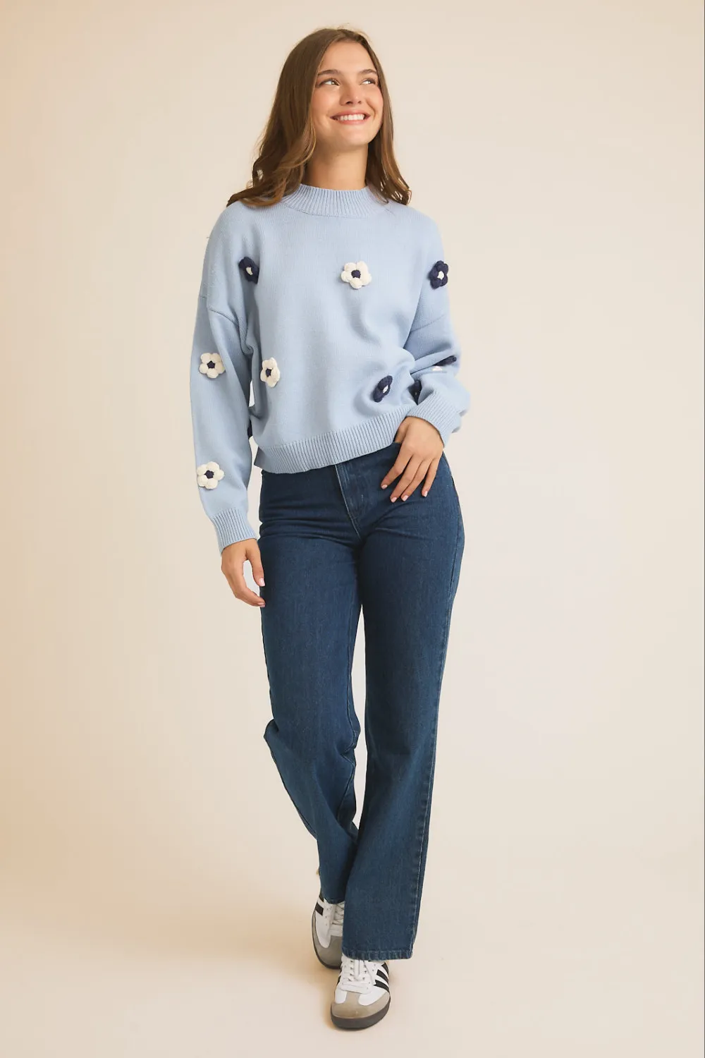 Gilli Mock Neck Flower Knit Sweater