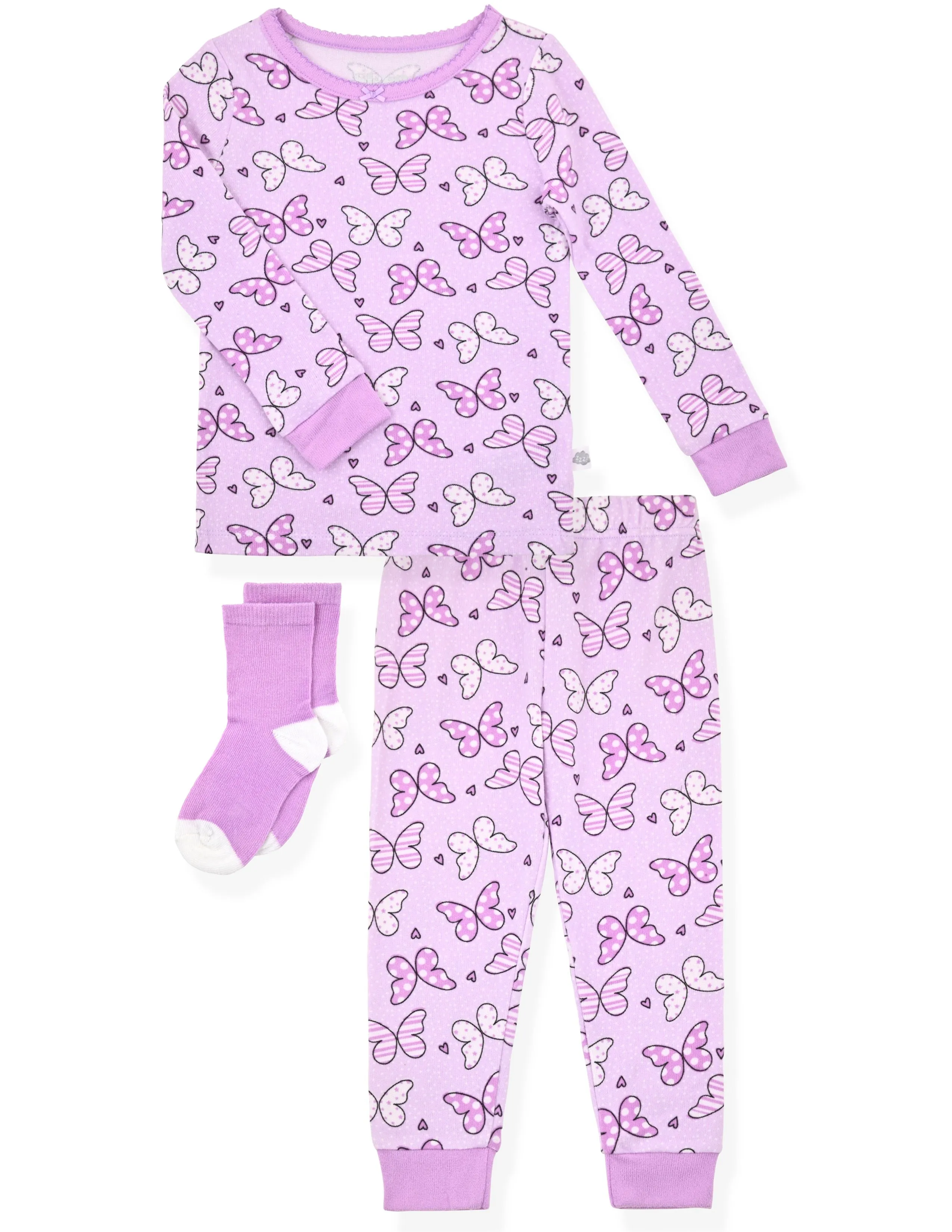 Girls 2-piece Super Soft Jersey Snug-fit Pajama Set with Socks- Butterfly Bliss, Purple Girl’s Baby Pajama, With Matching Socks