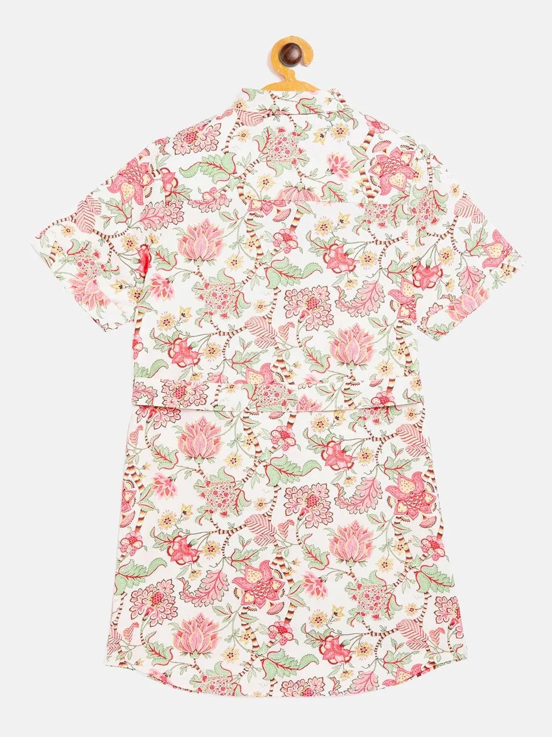 Girls Beige & Red Floral Belted Shirt Dress