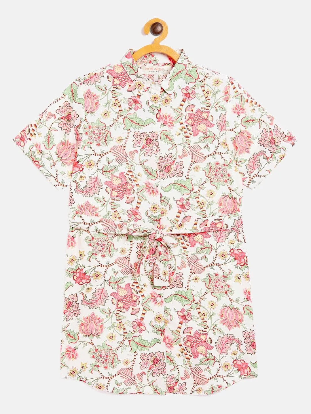 Girls Beige & Red Floral Belted Shirt Dress