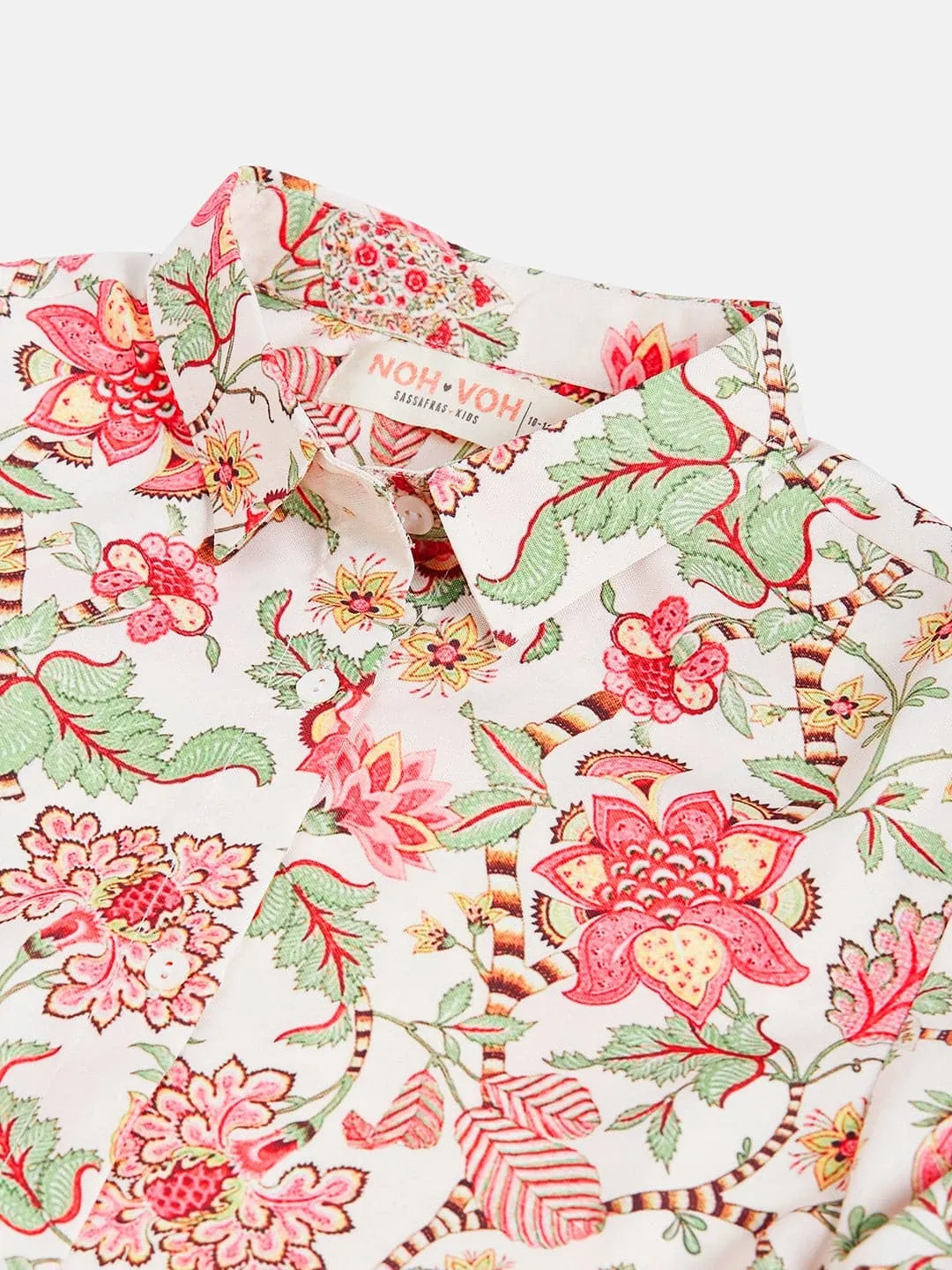 Girls Beige & Red Floral Belted Shirt Dress