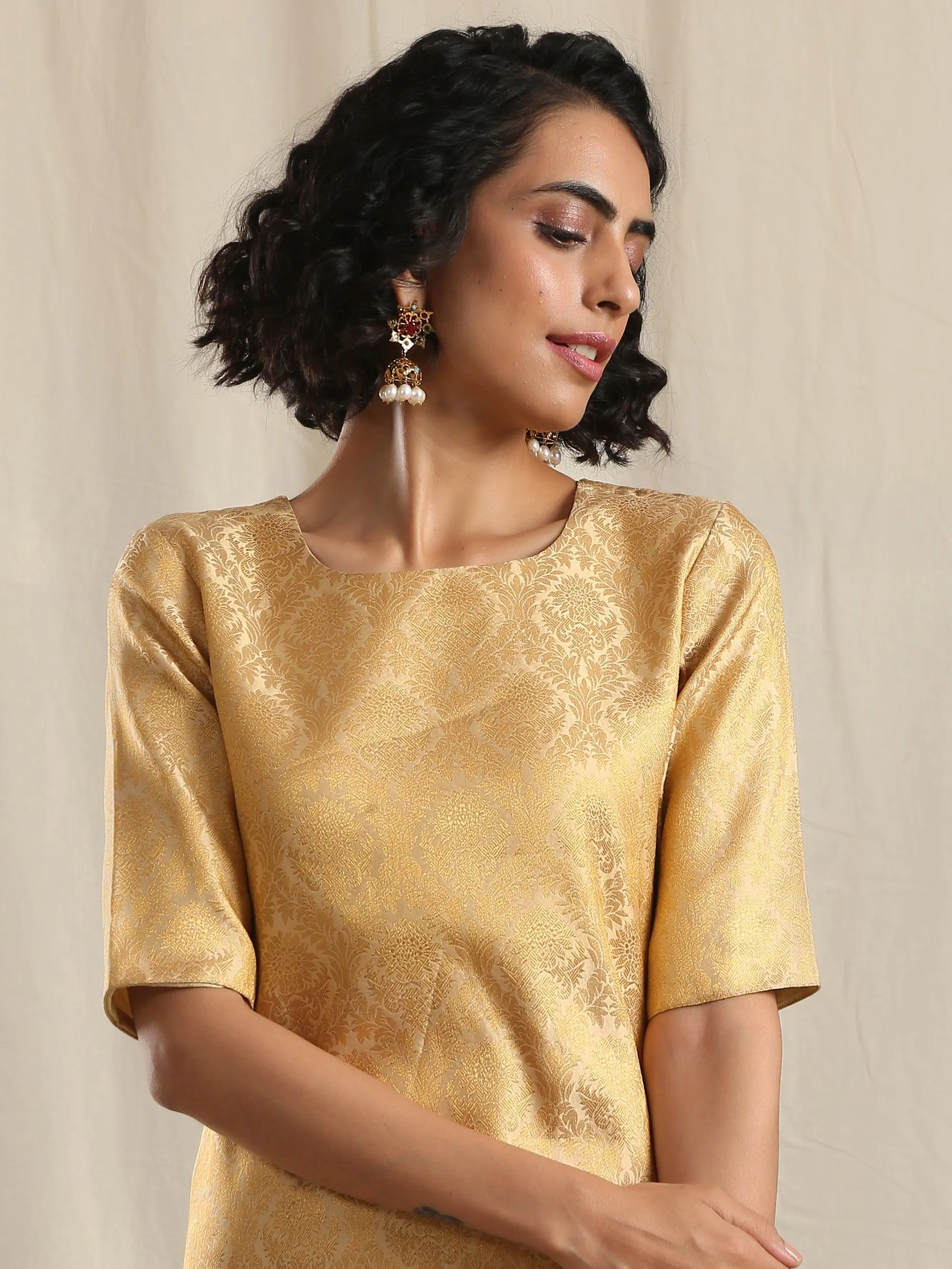 Gold Brocade Slit Kurta Pant Set