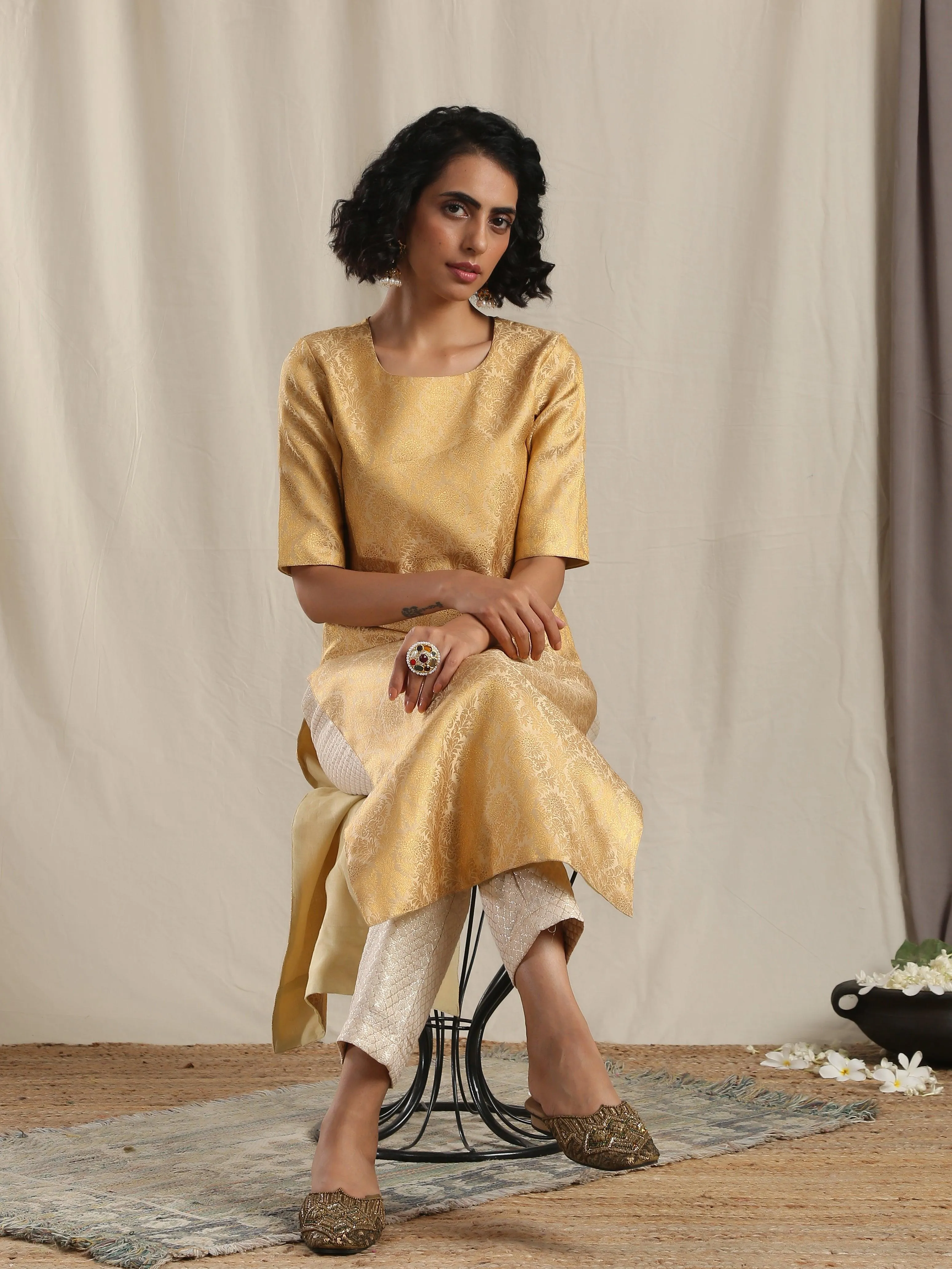 Gold Brocade Slit Kurta Pant Set