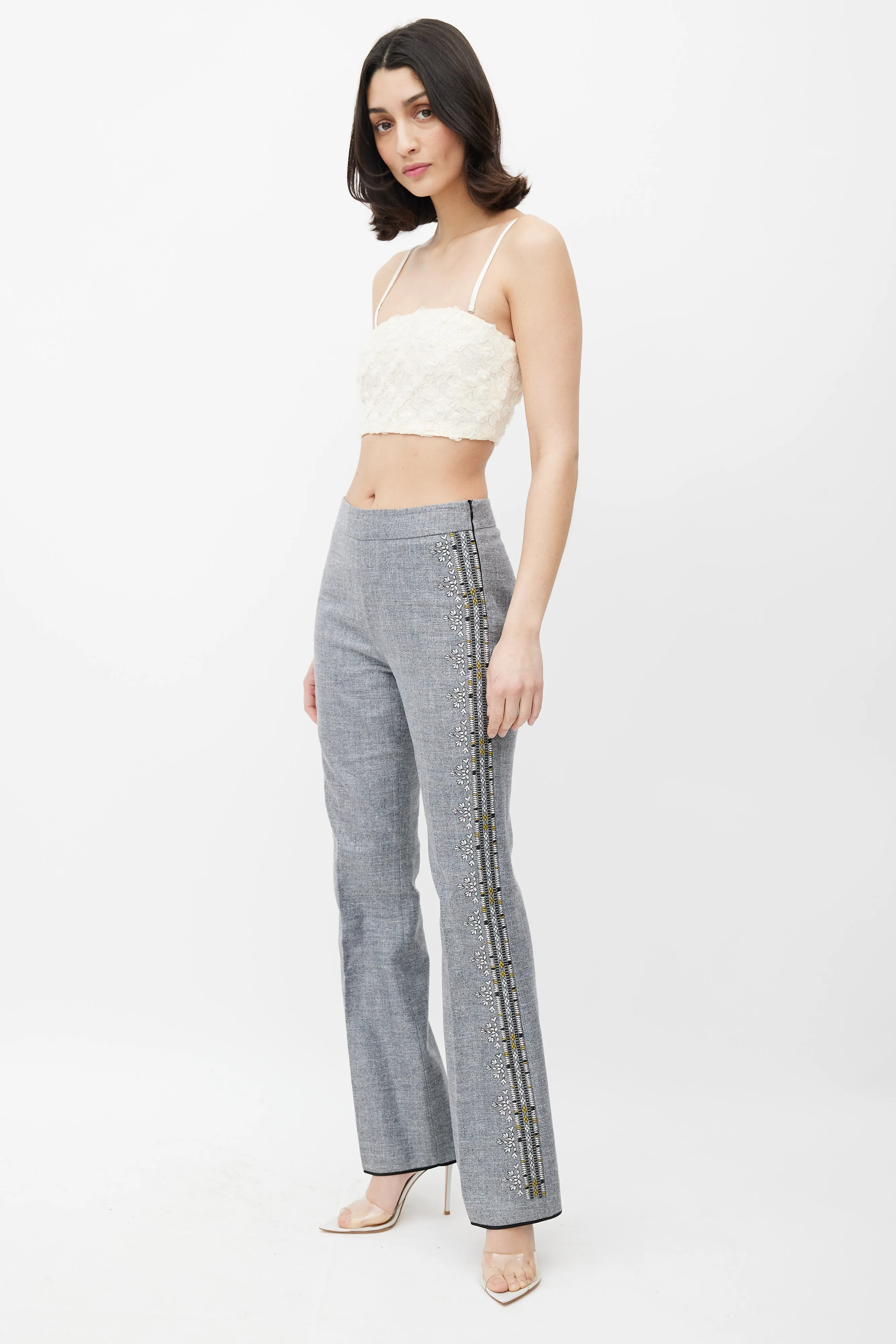 Grey & Multicolour Embroidered Stripe Trouser