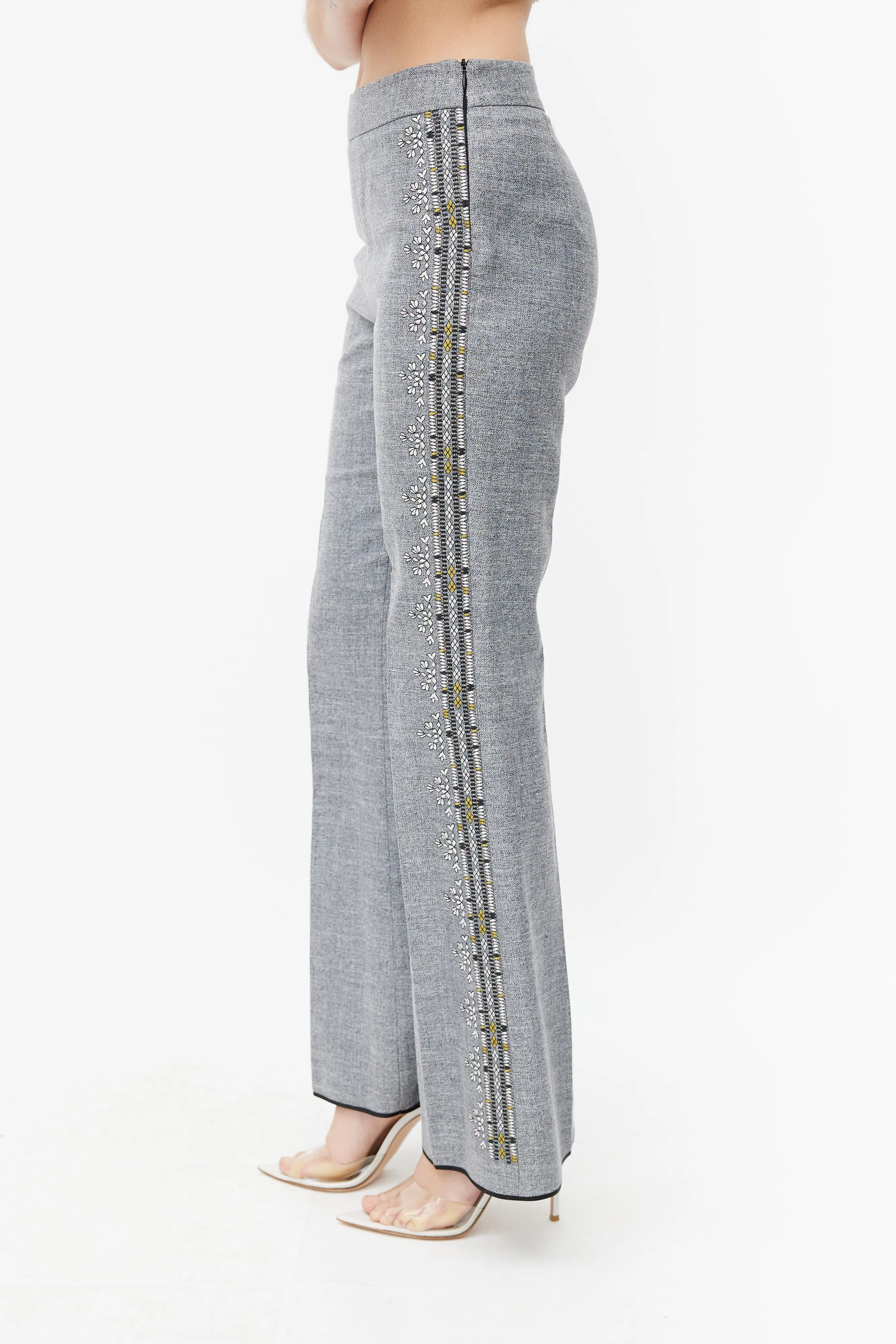 Grey & Multicolour Embroidered Stripe Trouser