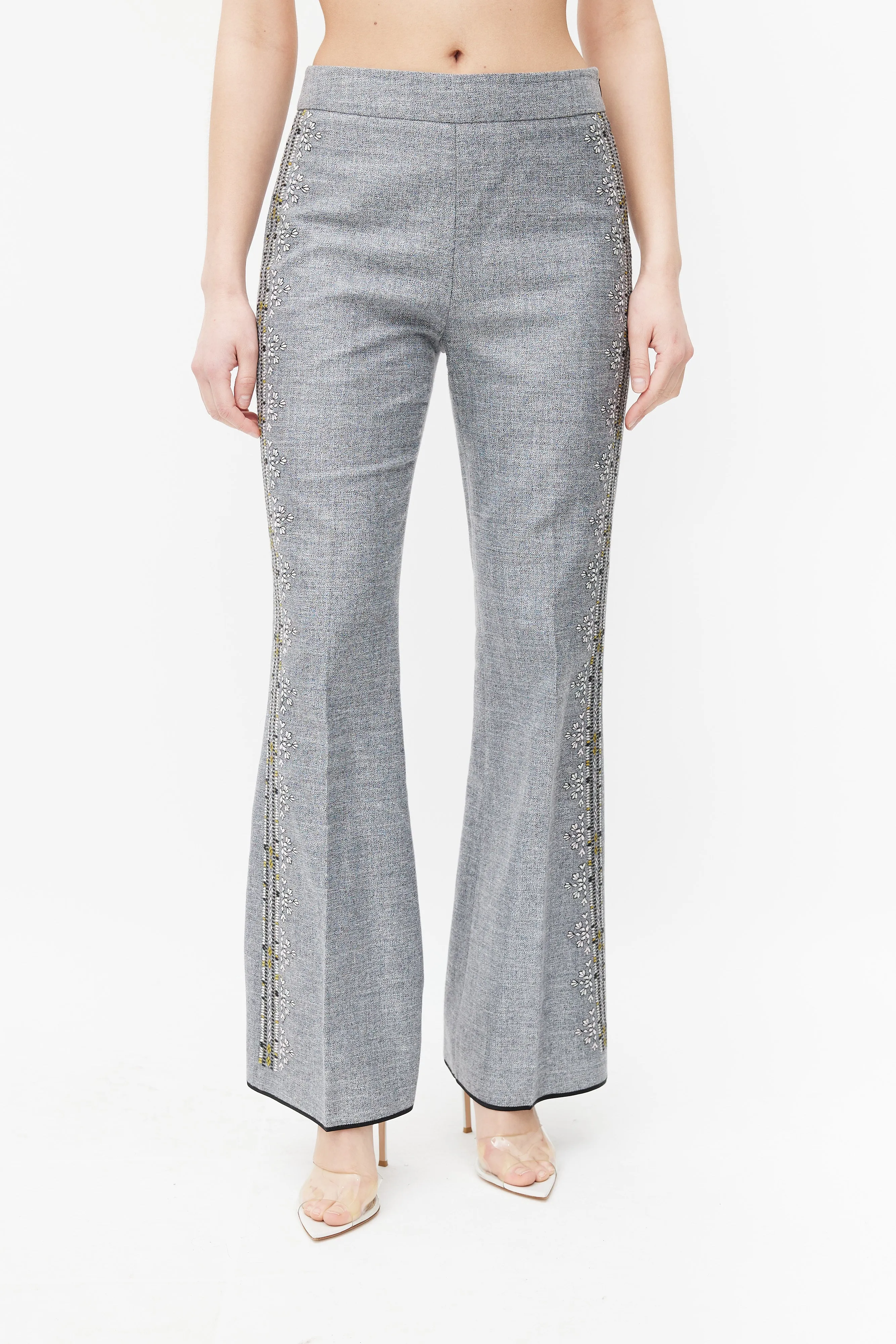 Grey & Multicolour Embroidered Stripe Trouser