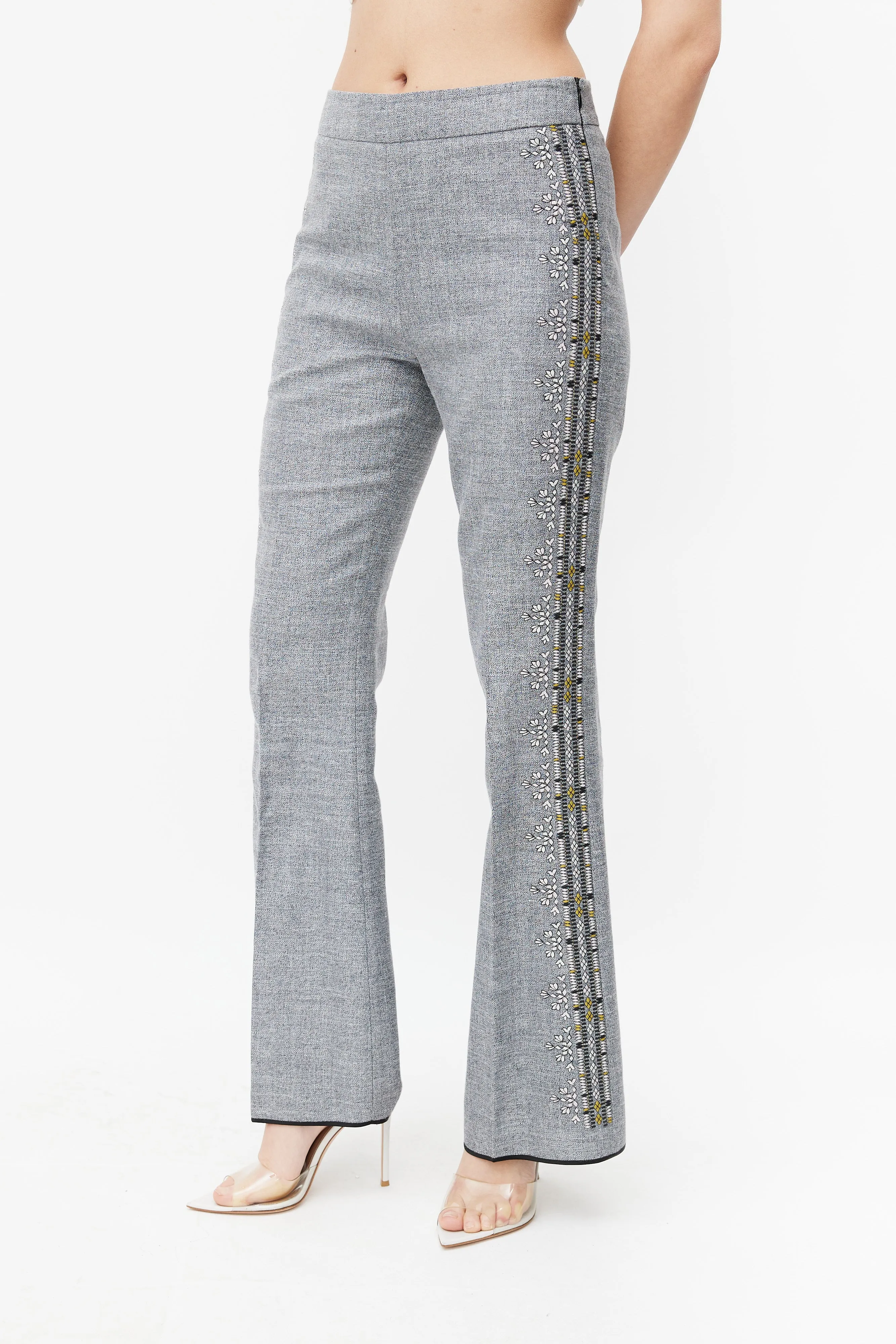 Grey & Multicolour Embroidered Stripe Trouser