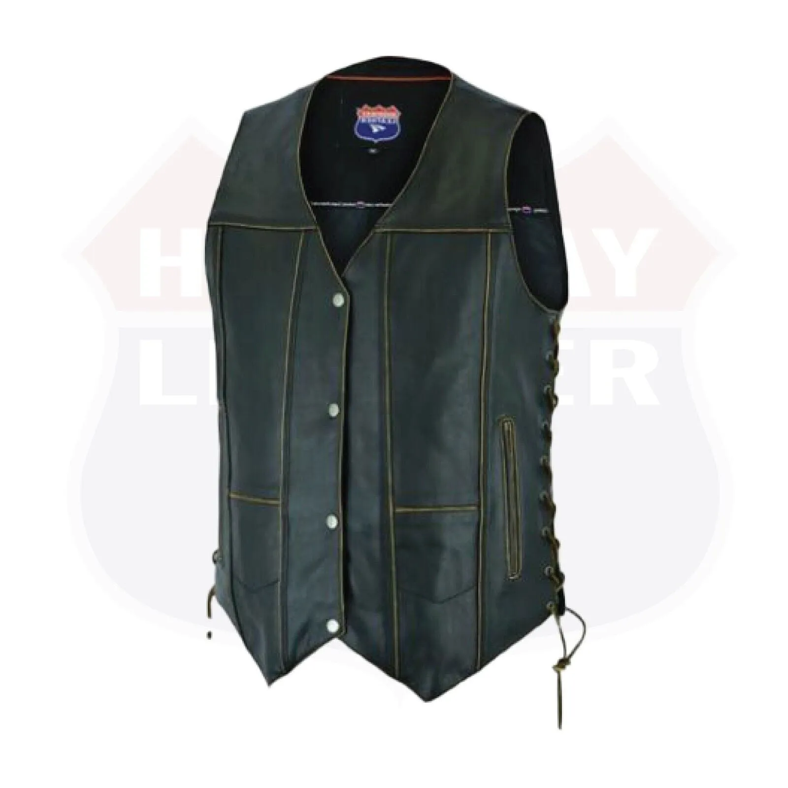 HL3540RUB-BRN Antique Brown Men's Leather Vest 10 Pockets Biker Real Cowhide