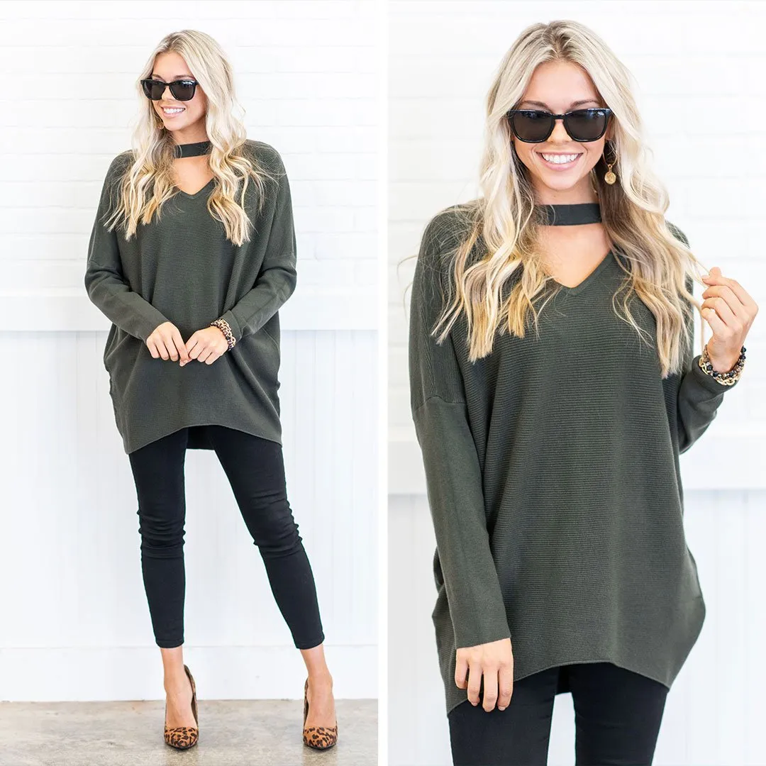 Instantly Love You Olive Green Keyhole Sweater