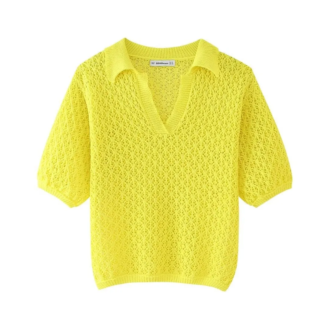 Jacquard Mesh Loose Knit V-neck Polo Sweater (3 colors)