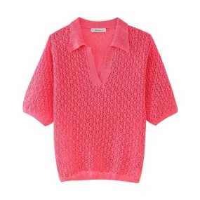 Jacquard Mesh Loose Knit V-neck Polo Sweater (3 colors)