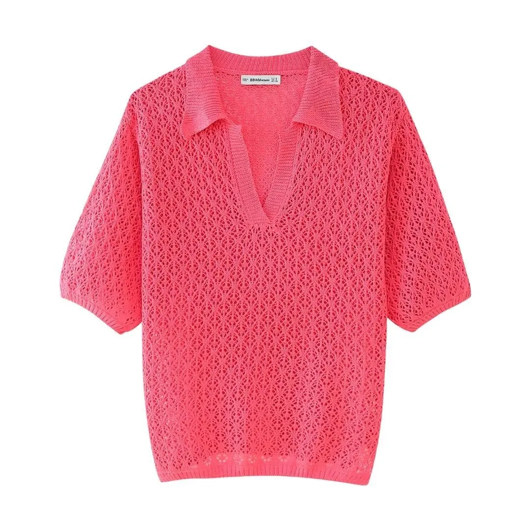 Jacquard Mesh Loose Knit V-neck Polo Sweater (3 colors)