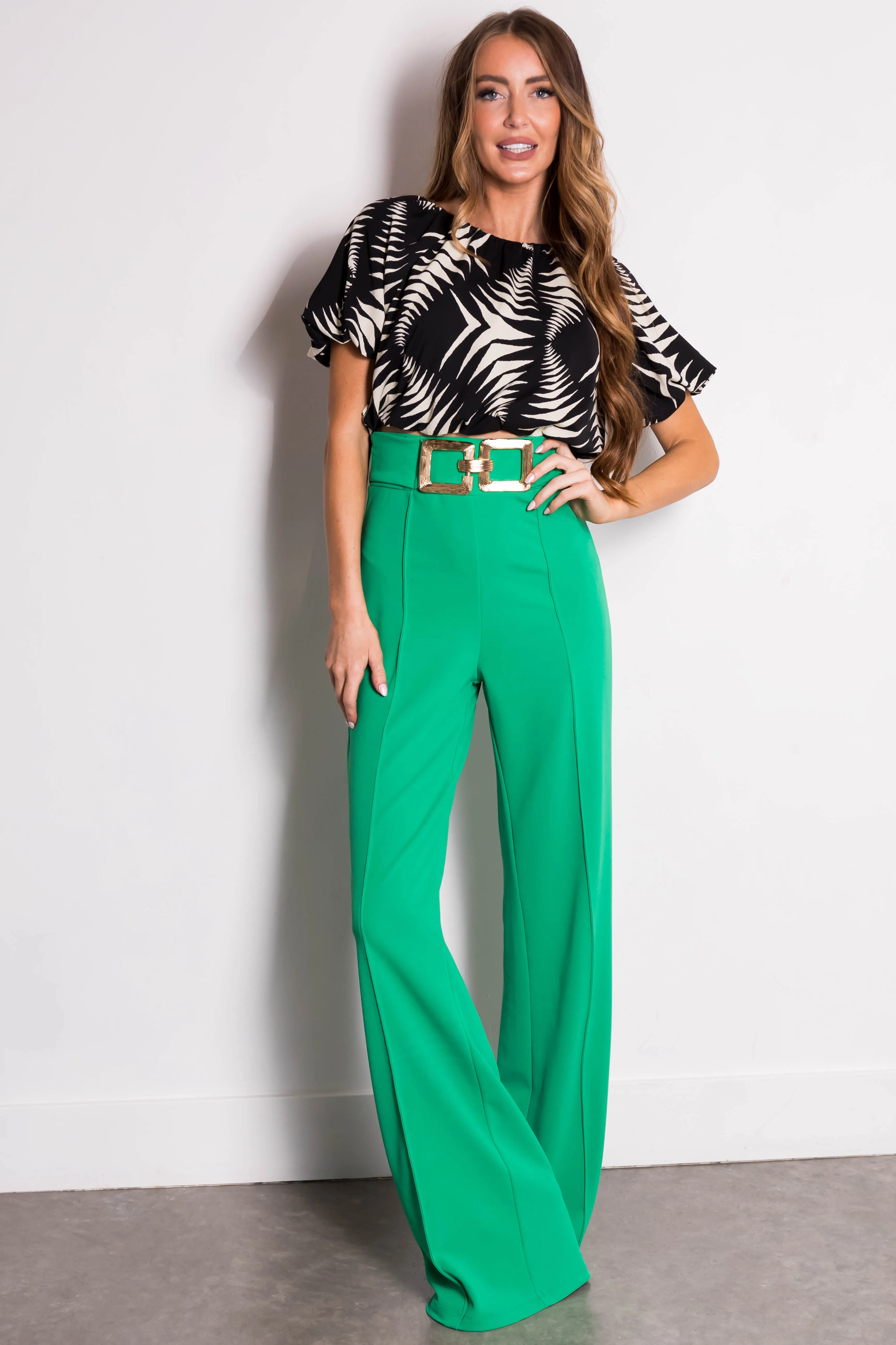 Kelly Green Gold Buckle Wide Leg Pants