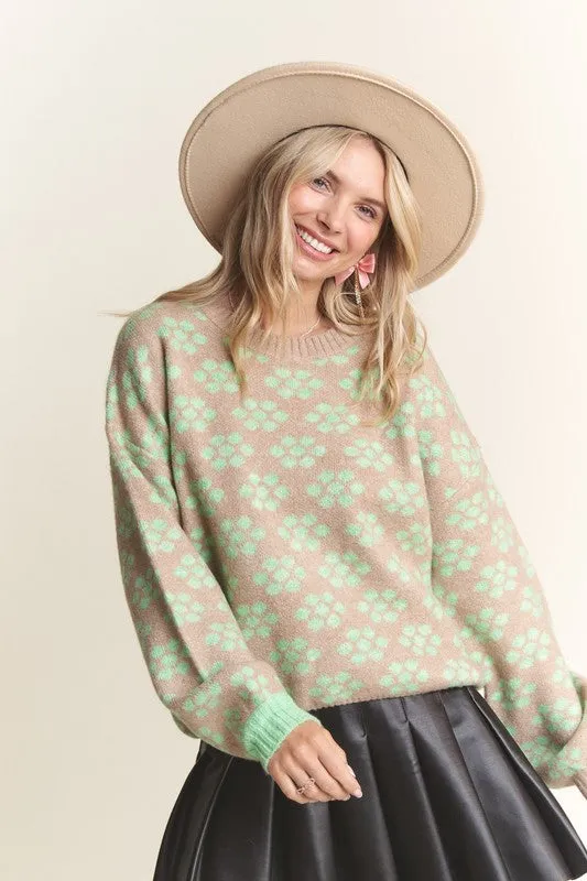 Khaki Floral Pattern Cutesy Sweater Top