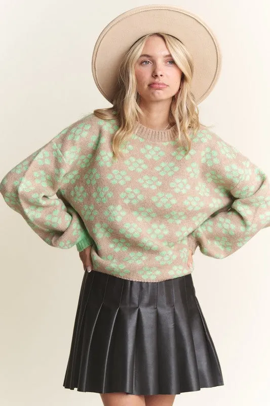 Khaki Floral Pattern Cutesy Sweater Top