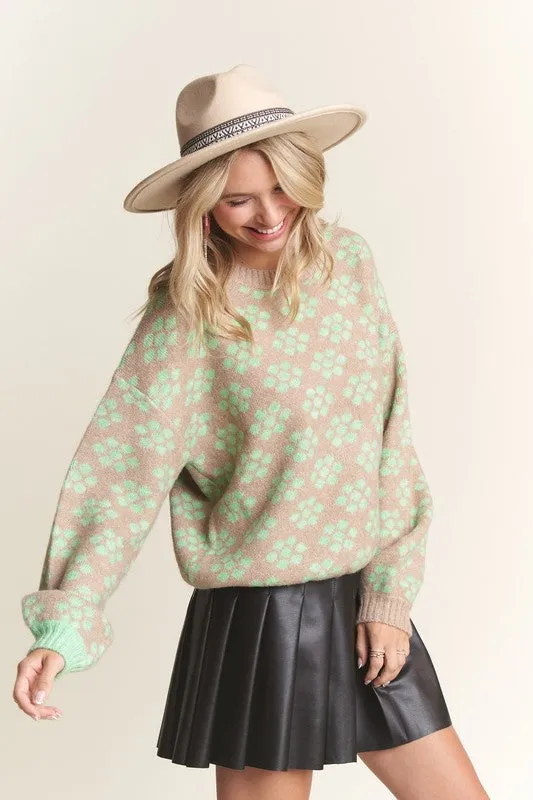 Khaki Floral Pattern Cutesy Sweater Top