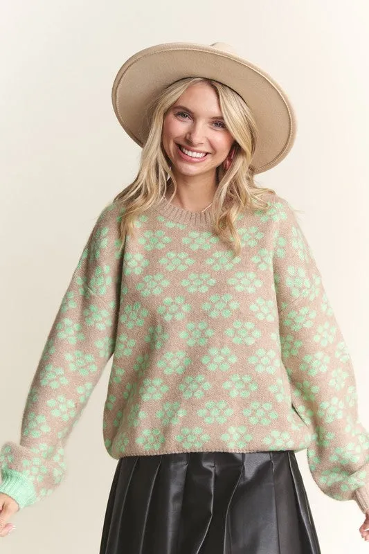 Khaki Floral Pattern Cutesy Sweater Top