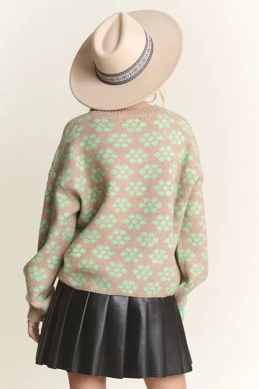 Khaki Floral Pattern Cutesy Sweater Top