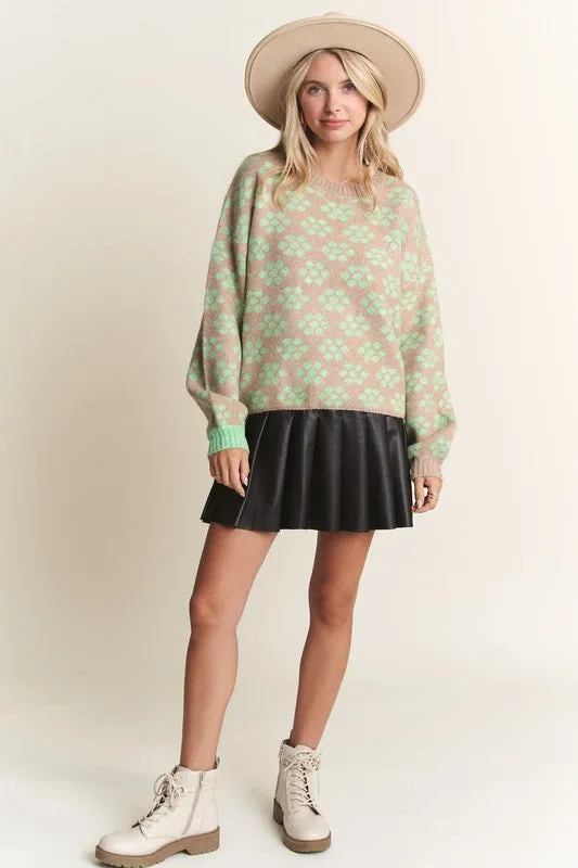 Khaki Floral Pattern Cutesy Sweater Top