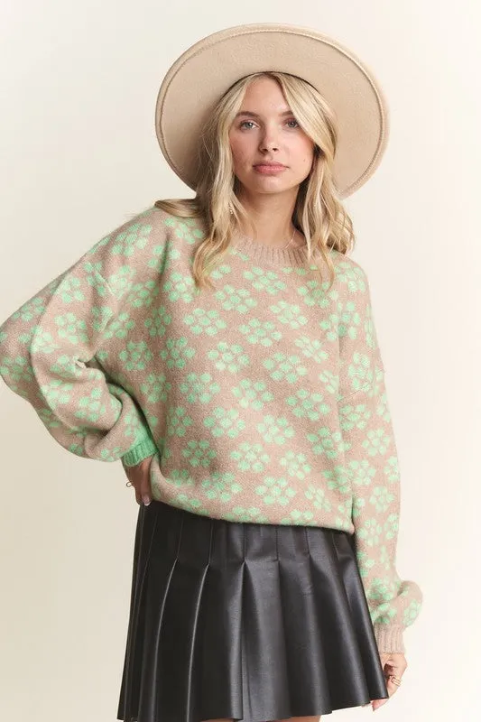 Khaki Floral Pattern Cutesy Sweater Top