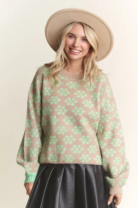 Khaki Floral Pattern Cutesy Sweater Top