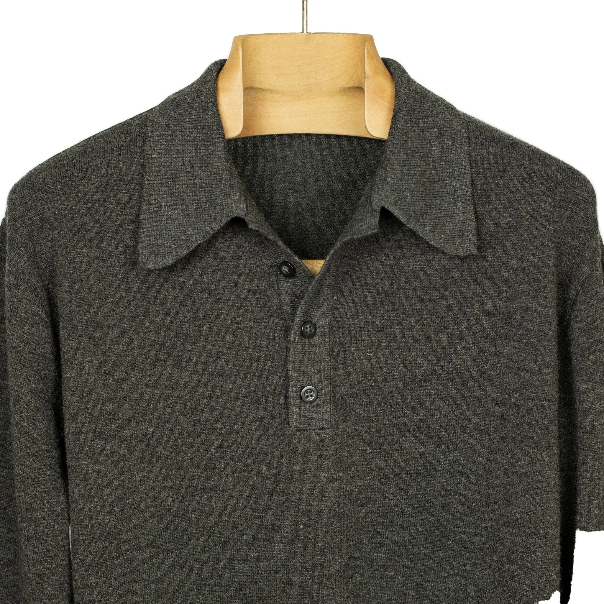 Knit long sleeve polo in charcoal wool/cashmere