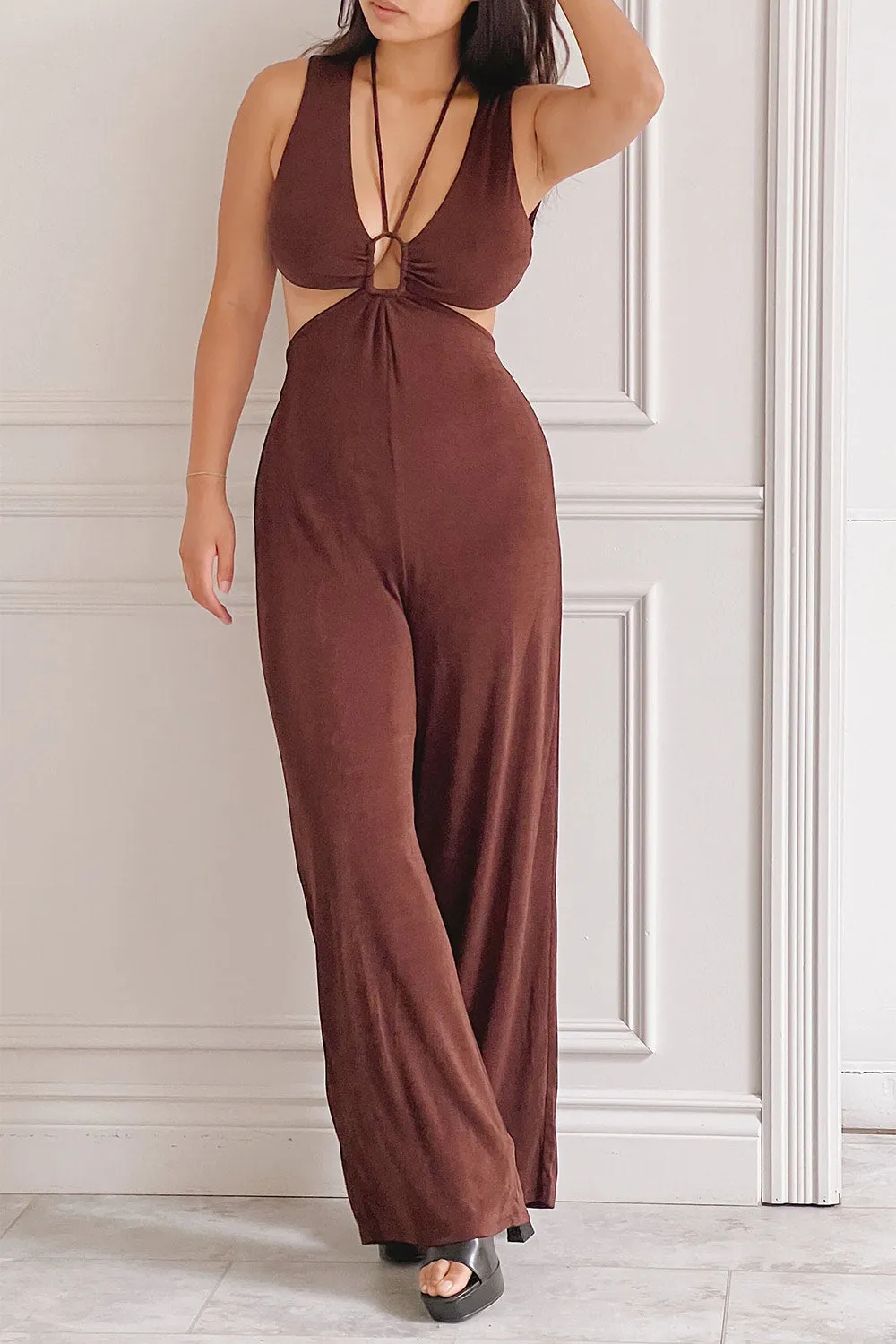 Lalali Brown | Shimmery Jumpsuit w/ Deep V-Neckline