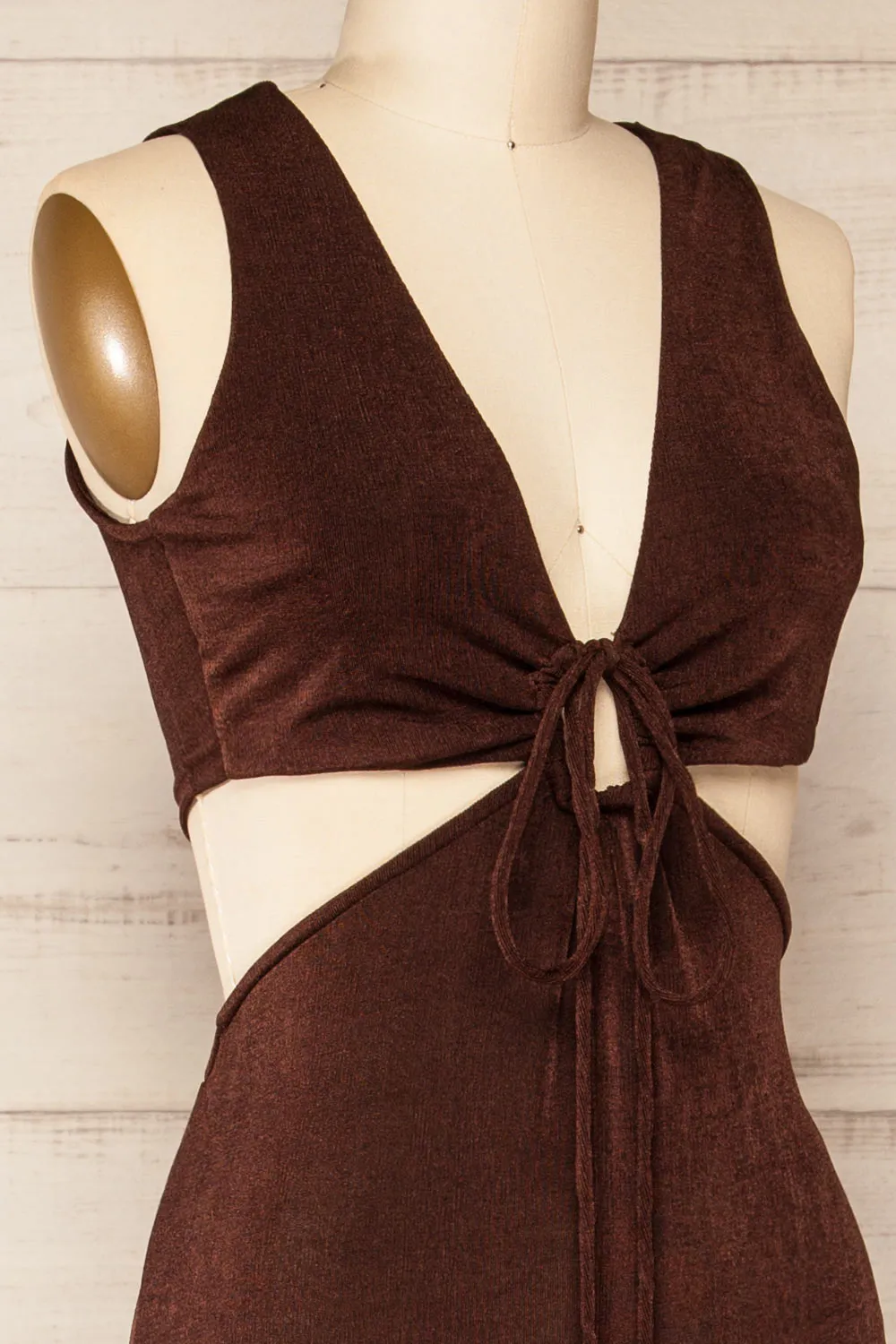 Lalali Brown | Shimmery Jumpsuit w/ Deep V-Neckline