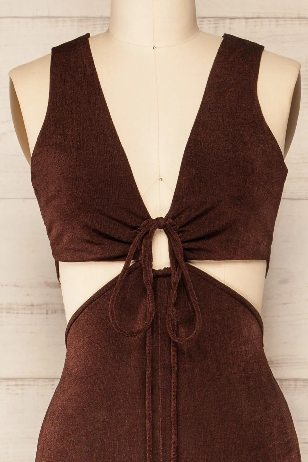 Lalali Brown | Shimmery Jumpsuit w/ Deep V-Neckline