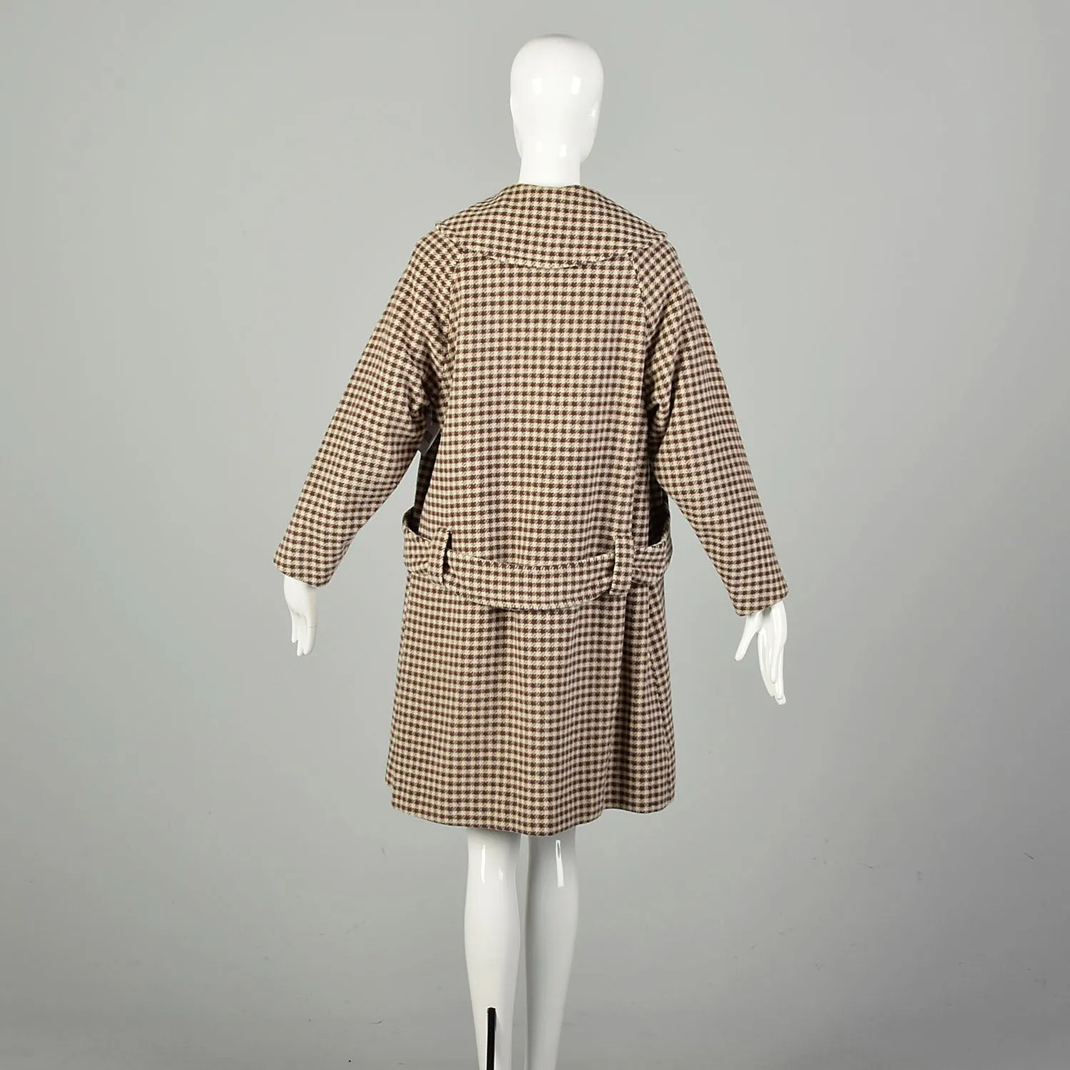 Large 1950s Swing Coat Brown Plaid Loose Winter Double Breasted Overcoat