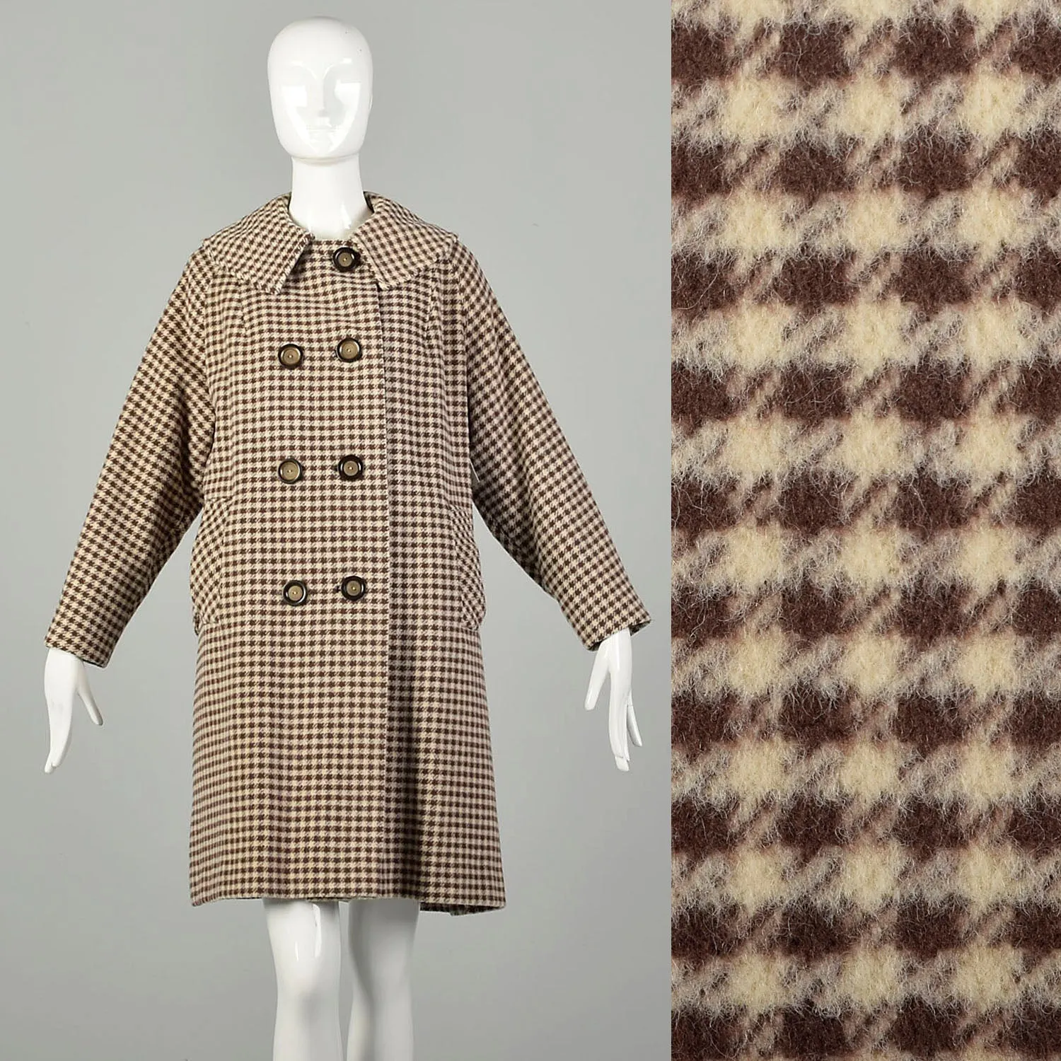 Large 1950s Swing Coat Brown Plaid Loose Winter Double Breasted Overcoat