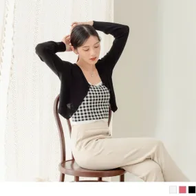 LAYERED-LOOK CHECKED KNIT LONG SLEEVE CROP TOPS