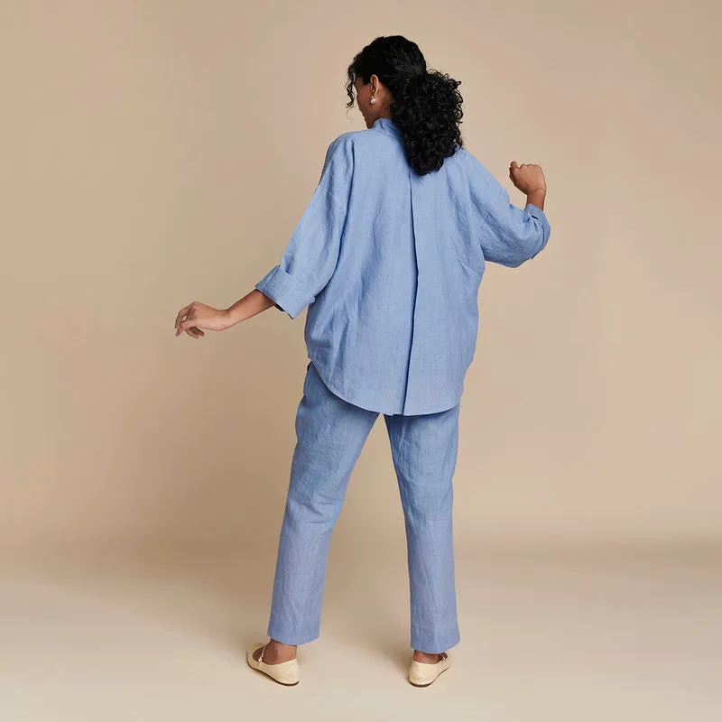 Linen Blue Co Ord Set | Oversized | Flared Shirt