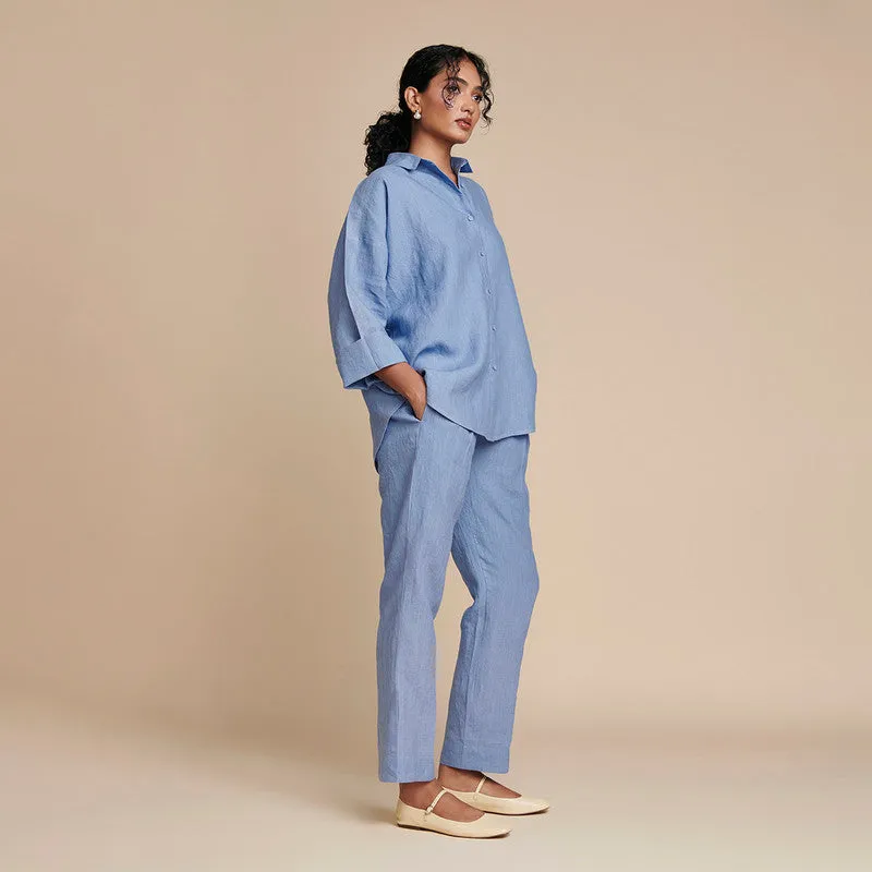 Linen Blue Co Ord Set | Oversized | Flared Shirt