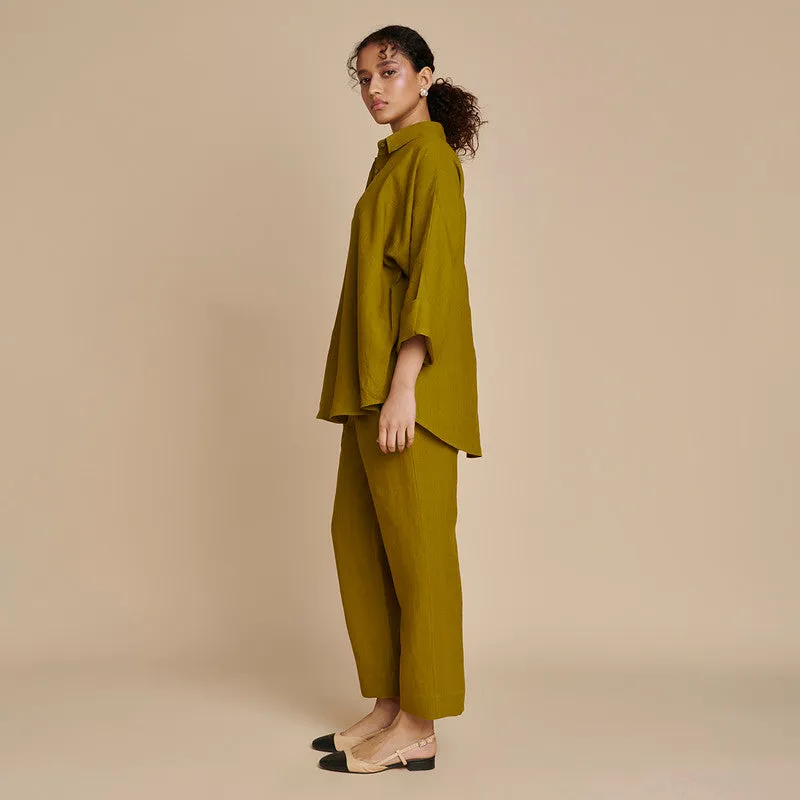 Linen Oversized Flared Shirt for Women | Green