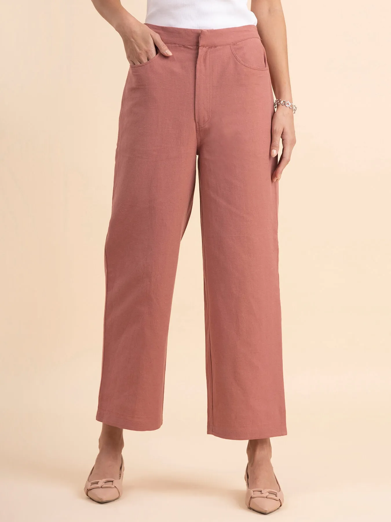 Linen Wide-Leg Trousers - Dusty Pink